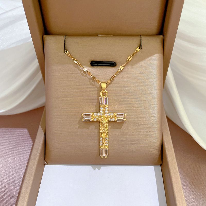 Ethnic Style Cross Titanium Steel Copper Plating Inlay Rhinestones Pendant Necklace