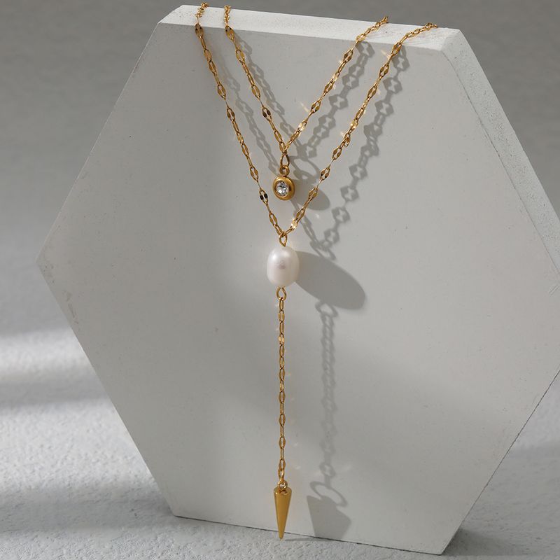 Style Simple Géométrique Acier Inoxydable Plaqué Or Perles Artificielles Collier En Couches 1 Pièce