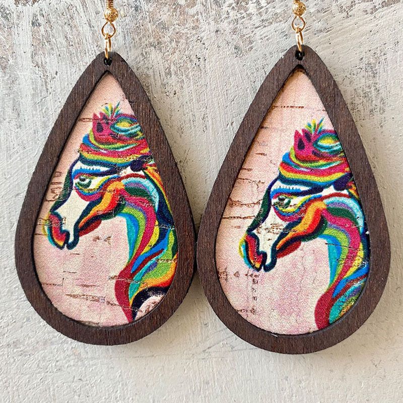 1 Pair Retro Stripe Water Droplets Horse Pu Leather Wood Iron Earrings