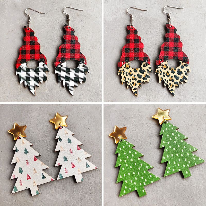 Rétro Sapin De Noël Plaid Léopard Bois Femmes Boucles D'oreilles 1 Paire