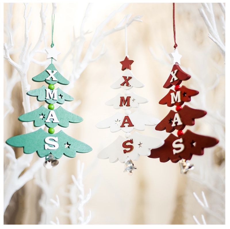 Christmas Cute Christmas Tree Letter Bell Alloy Wood Indoor Party Hanging Ornaments 1 Piece