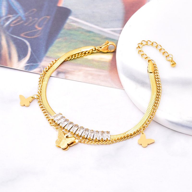 Fashion Butterfly Titanium Steel Gold Plated Rhinestones Bracelets 1 Piece