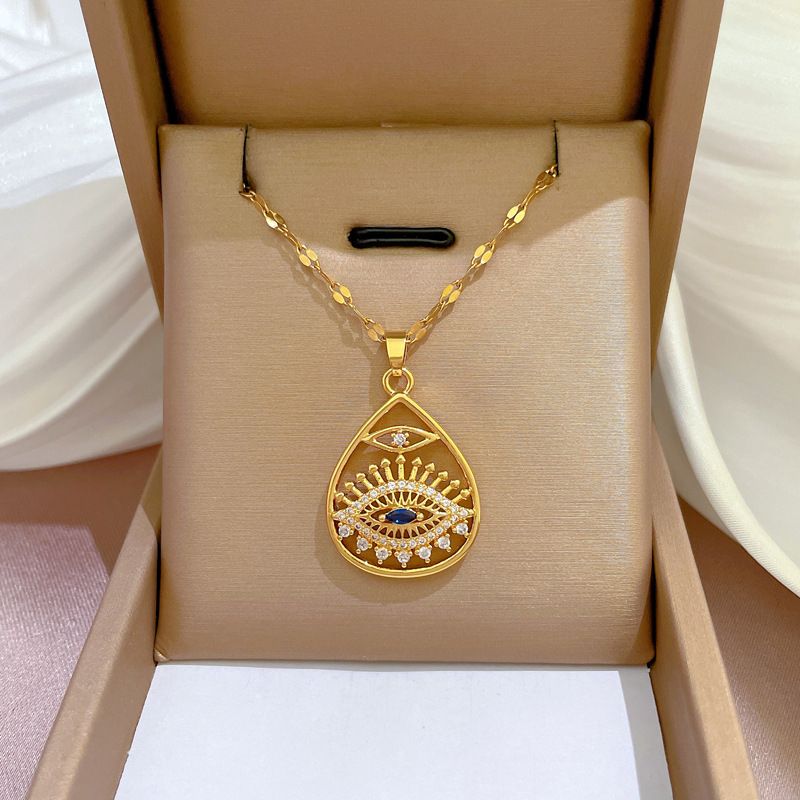 Ethnic Style Water Droplets Eye Titanium Steel Copper Plating Hollow Out Inlay Zircon Pendant Necklace