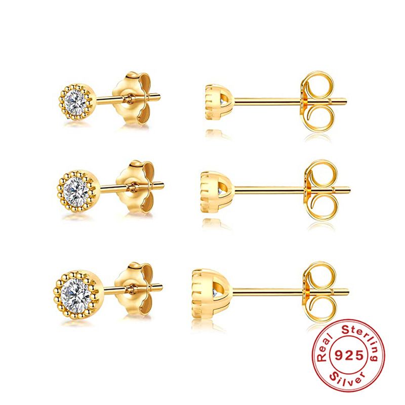 3 Pieces Set Simple Style Round Plating Inlay Sterling Silver Zircon Ear Studs
