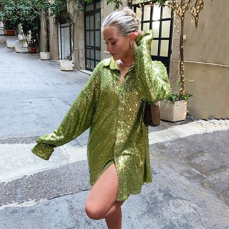 Women's Shirt Dress Fashion Turndown Sequins Long Sleeve Solid Color Above Knee Daily