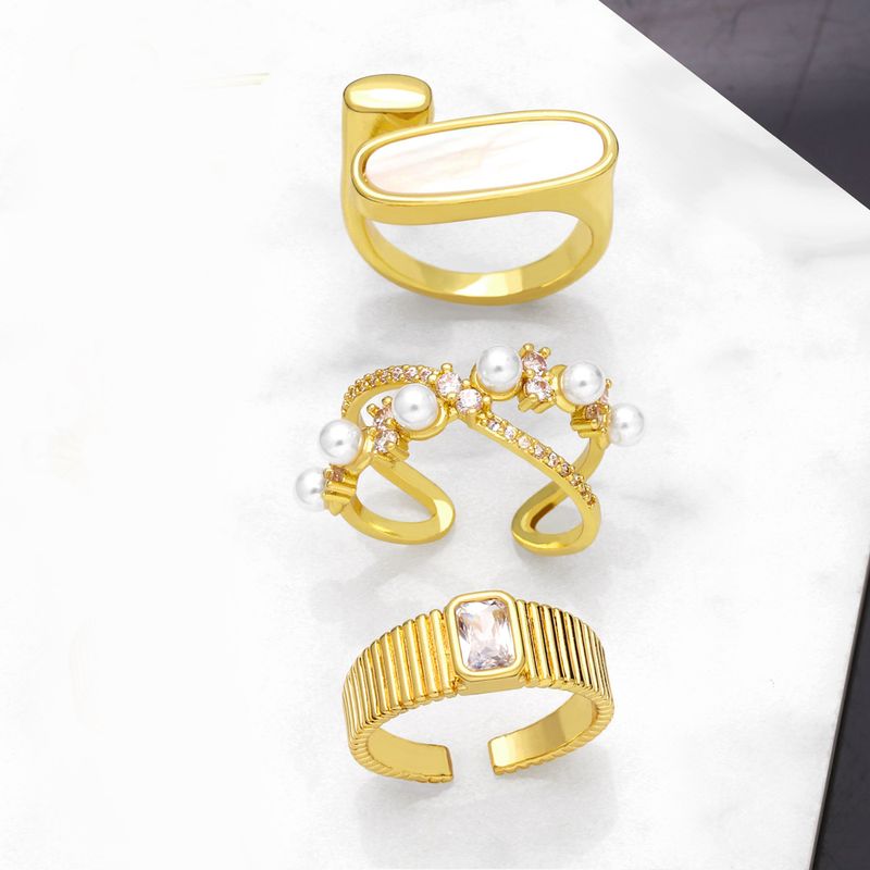 Einfacher Stil Geometrischer Kupfer Vergoldeter Perlens Chale Zirkon Offener Ring 1 Stück