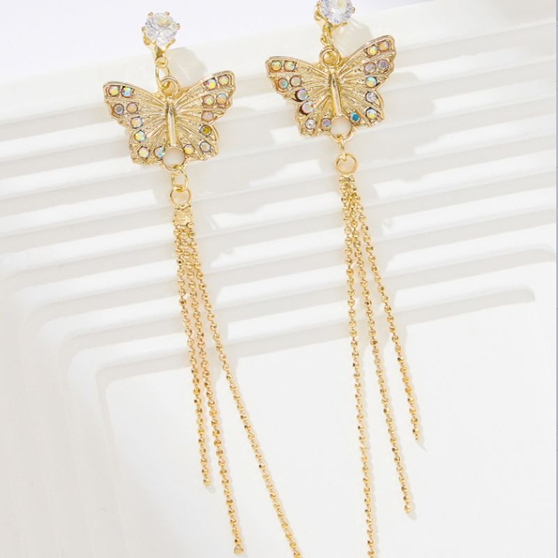Retro Tassel Butterfly Alloy Inlay Rhinestones Women's Drop Earrings 1 Pair