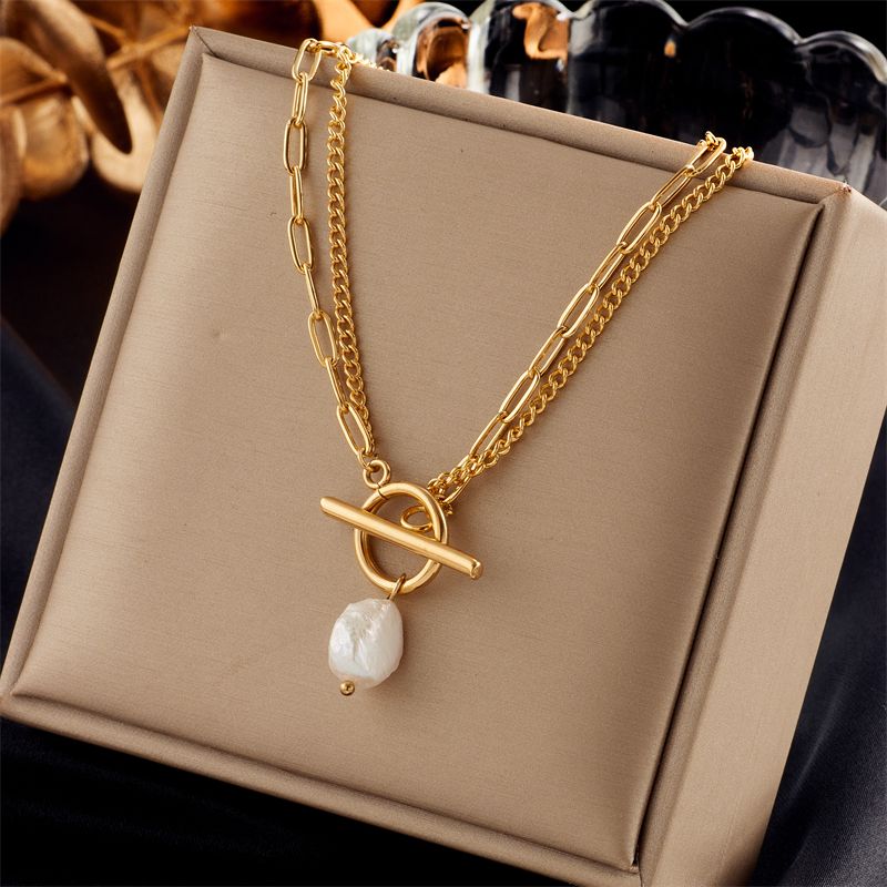 Basic Geometric Titanium Steel Layered Gold Plated Artificial Pearls Pendant Necklace