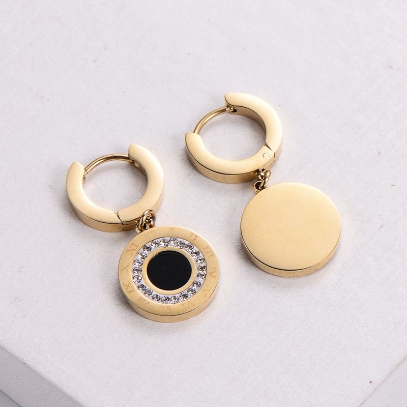 Simple Style Round Stainless Steel Gold Plated Rhinestones Drop Earrings 1 Pair