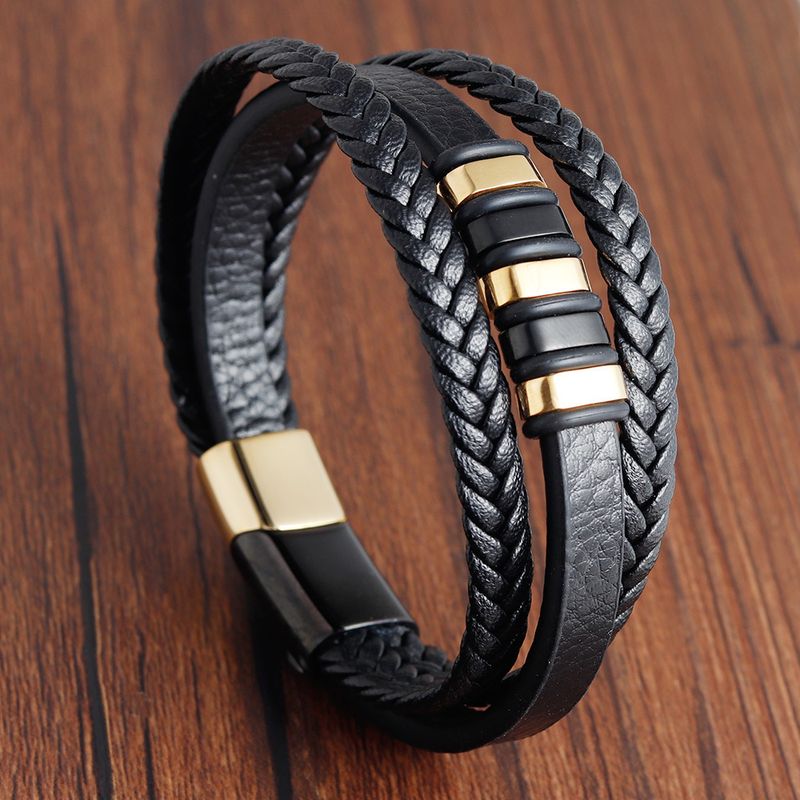 Retro Stripe Pu Leather Titanium Steel Polishing Men's Bracelets 1 Piece