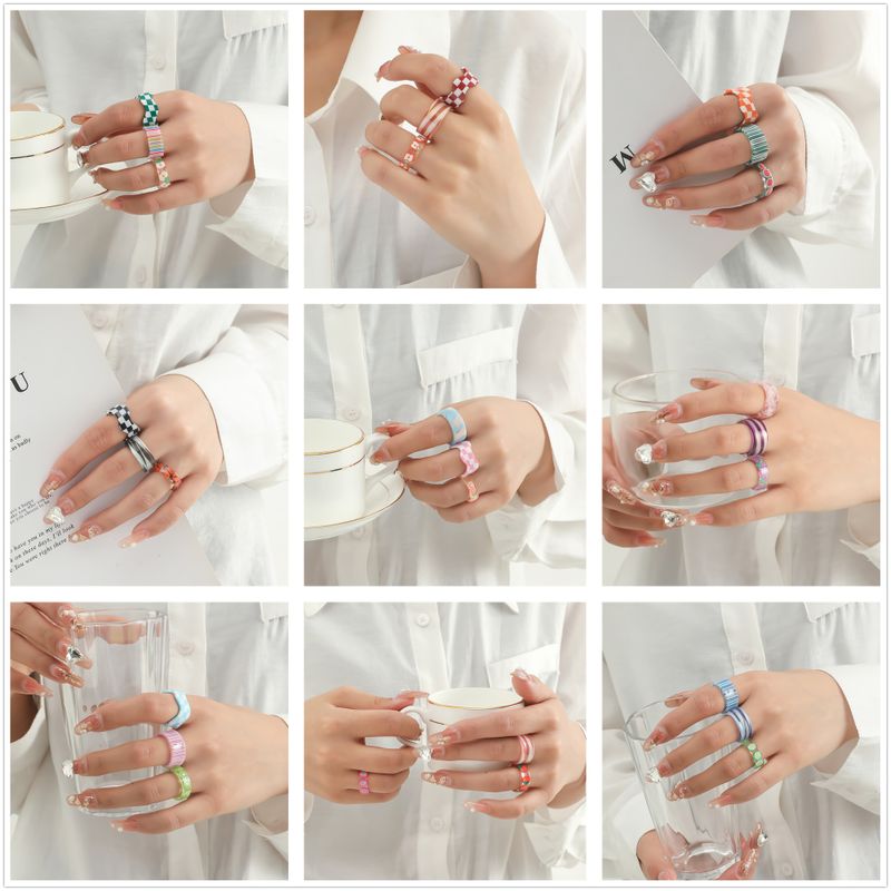 New Fashion Checkerboard Resin Transparent Ring Three-piece Set