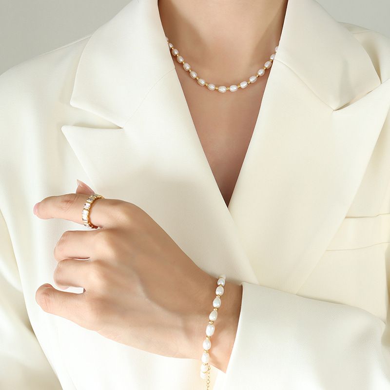 Elegant Geometric Titanium Steel Pearl Bracelets Necklace