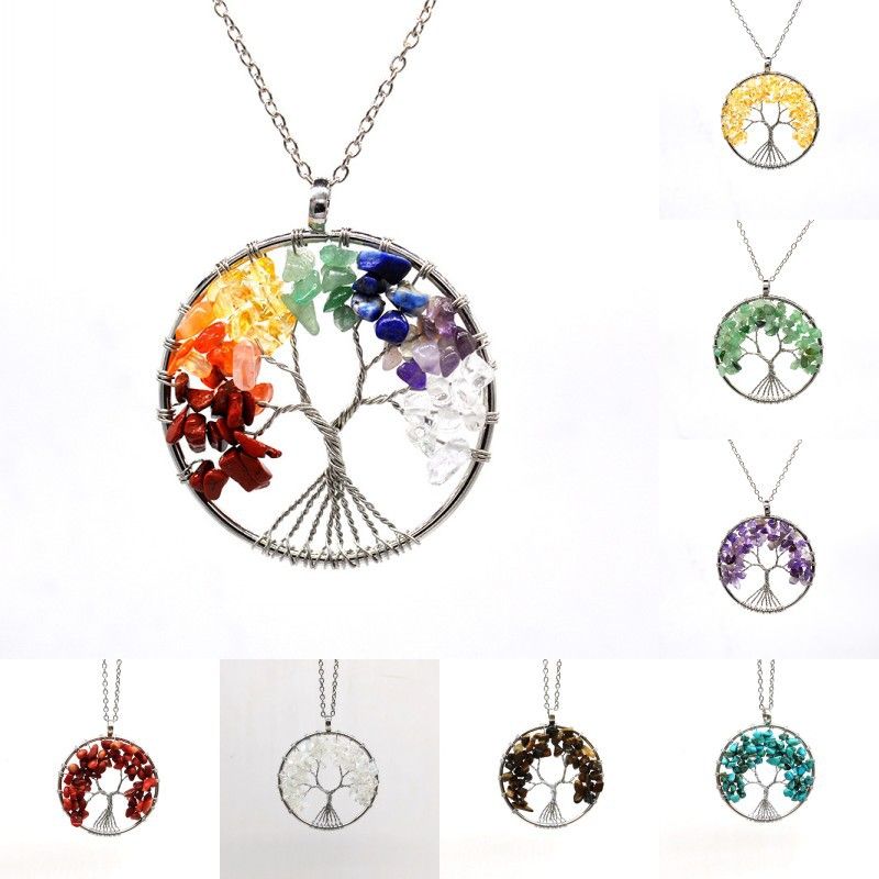 Retro Tree Artificial Crystal Handmade Natural Stone Pendant Necklace 1 Set