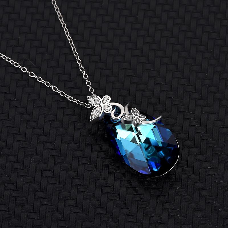 Fashion Butterfly Austrian Crystal Sterling Silver Water Drop Pendant Necklace