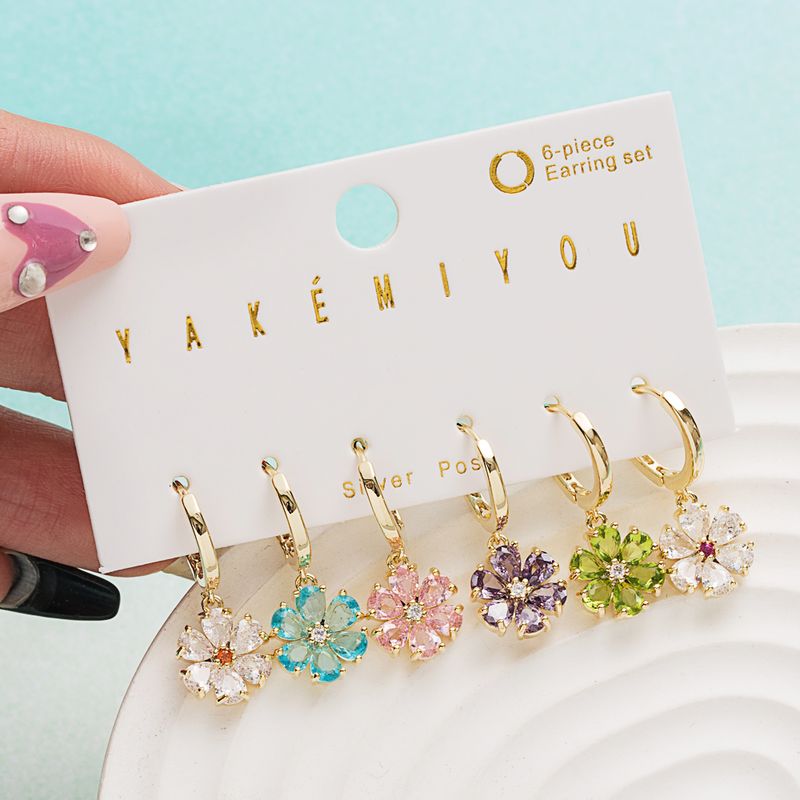 Yakemiyou Fashion Flower Copper Plating Zircon Dangling Earrings 1 Set