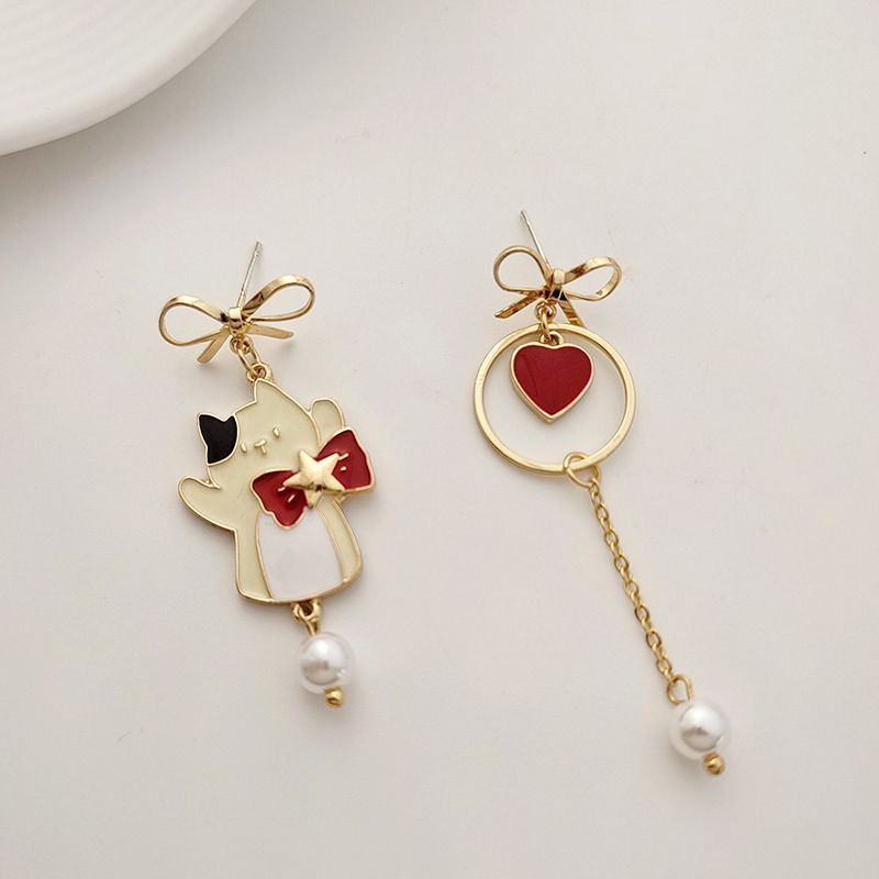 Fashion Heart Shape Cat Bow Knot Alloy Plating Artificial Pearls Women's Drop Earrings 1 Pair