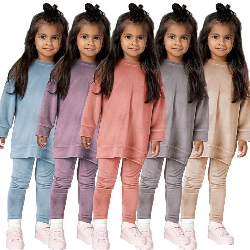 Casual Solid Color Velvet Polyester Girls Clothing Sets