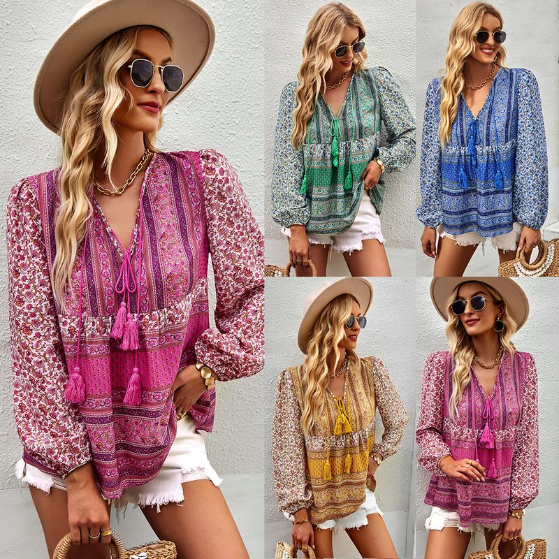 Women's T-shirt Long Sleeve Blouses Tassel Bohemian Geometric