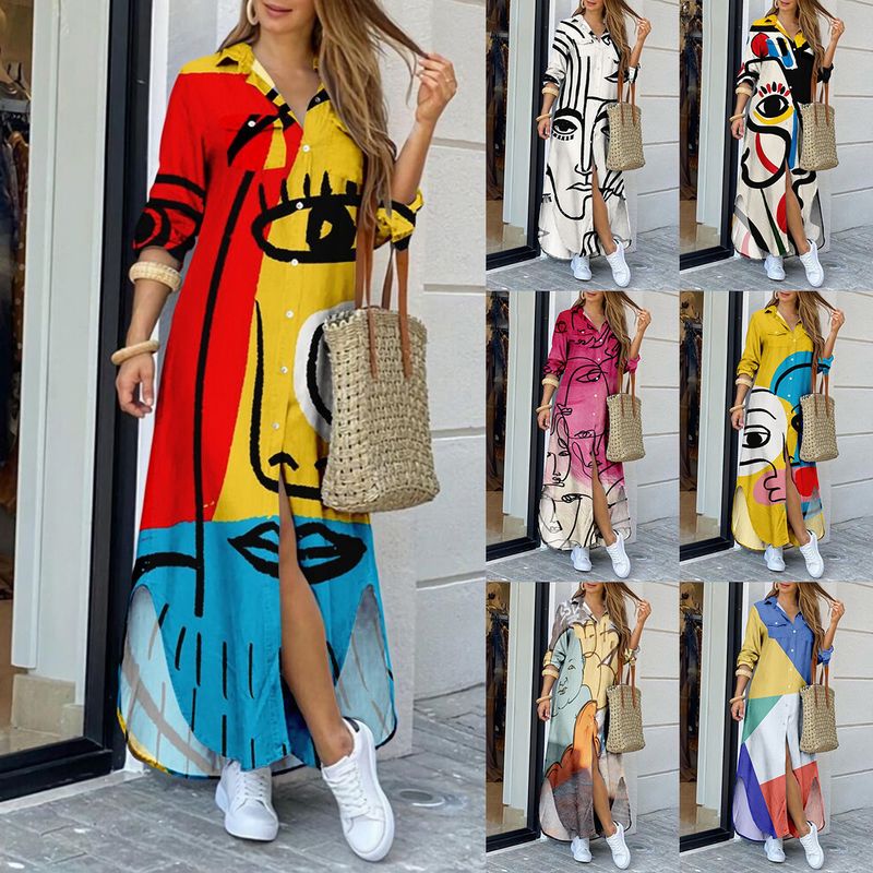 Women's A-line Skirt Fashion Turndown Printing Long Sleeve Floral Maxi Long Dress Daily