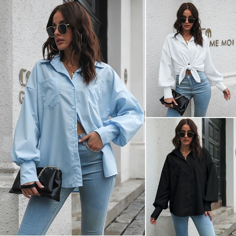 Women's Blouse Long Sleeve Blouses Button Casual Solid Color