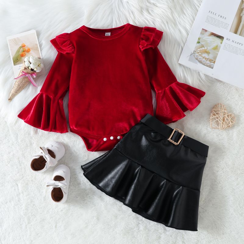 Fashion Solid Color Ruffles Cotton Blend Polyester Girls Clothing Sets