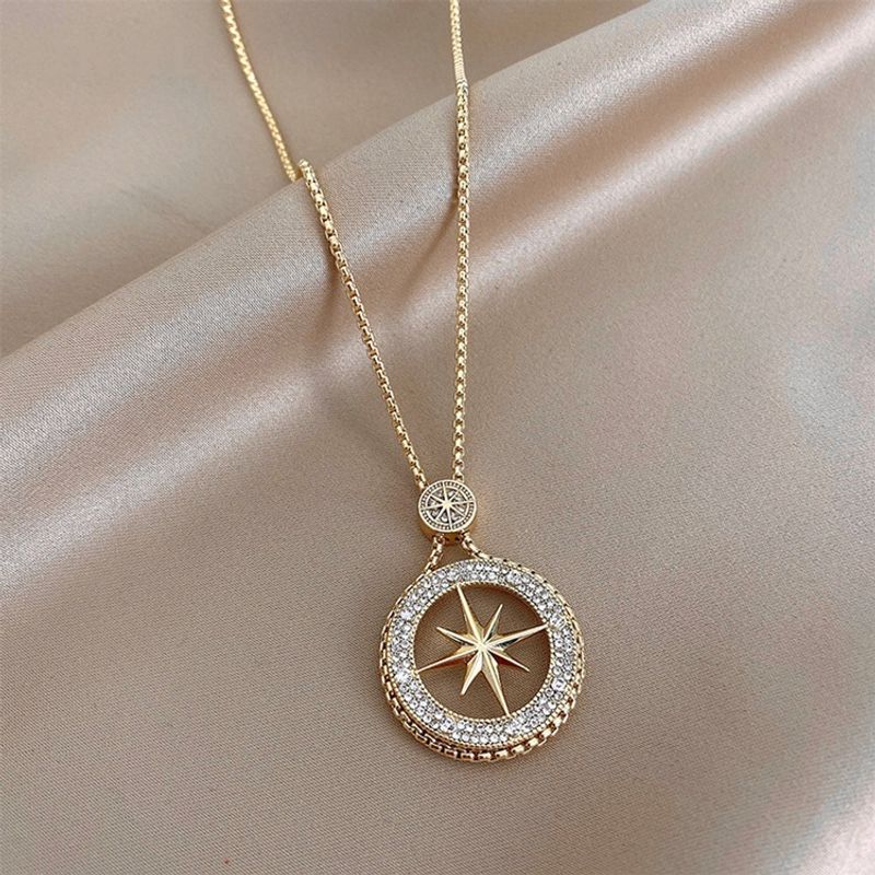 Fashion Round Star Copper Inlay Rhinestones Pendant Necklace