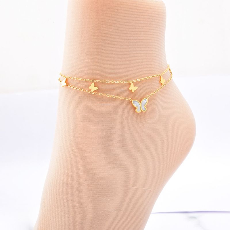 Fashion Four Leaf Clover Butterfly Titanium Steel Inlay Shell Women's Anklet