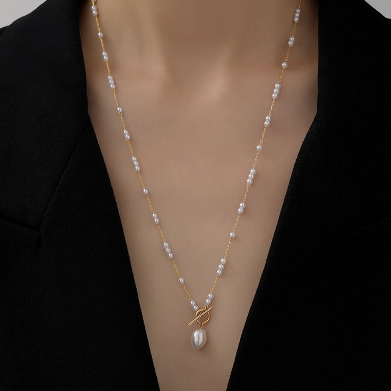 Moda Geométrico Acero Titanio Embutido Perlas Artificiales Collar