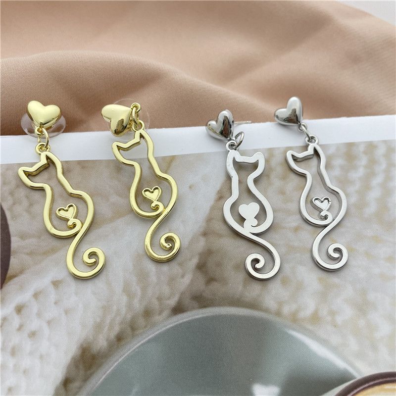 Fashion Heart Shape Cat Alloy Women's Drop Earrings 1 Pair