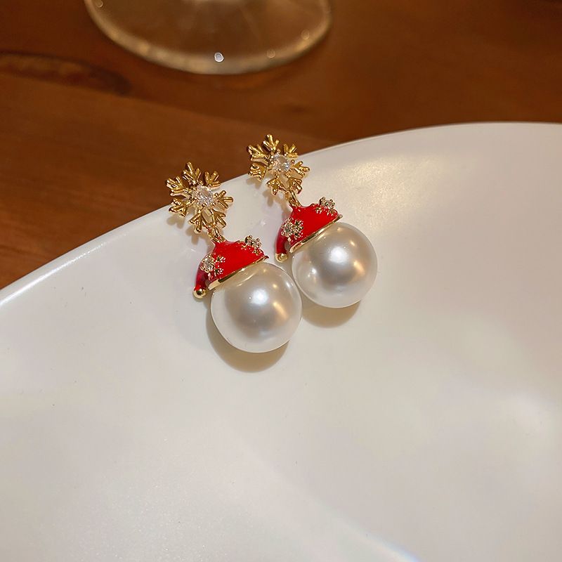 1 Pair Cute Christmas Hat Gold Plated Copper Artificial Pearls Zircon Gold Plated Ear Studs