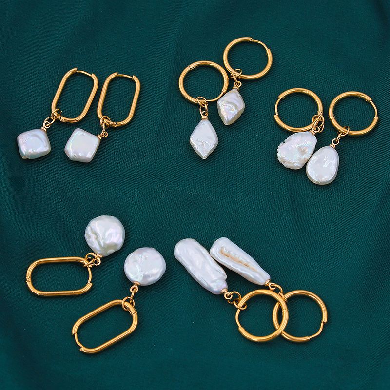 Retro Geometric Stainless Steel Gold Plated Pearl Earrings 1 Pair
