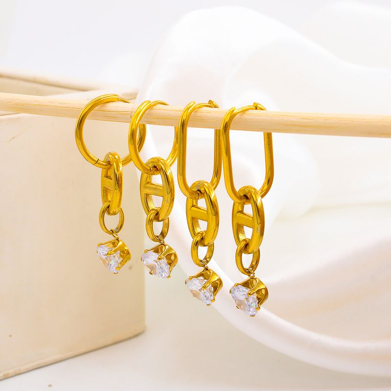 Fashion Geometric Stainless Steel Gold Plated Zircon Drop Earrings 1 Pair