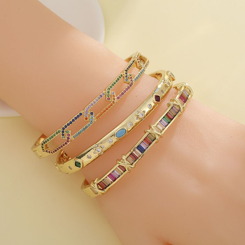 Fashion Square Gold Plated Brass Plating Inlay Zircon Bangle 1 Piece