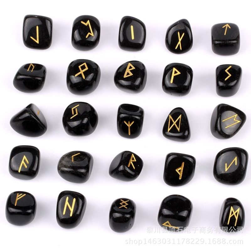 A Set Of 25 Natural Semi-precious Crystal Rune Stone Carvings