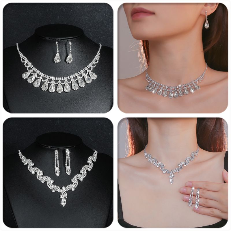 Fashion Water Droplets Tassel Artificial Crystal Metal Inlay Rhinestones Earrings Necklace 1 Set