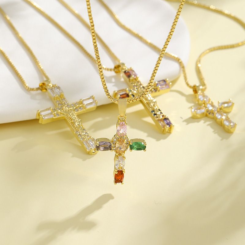 Hip-hop Cross Copper Gold Plated Zircon Pendant Necklace