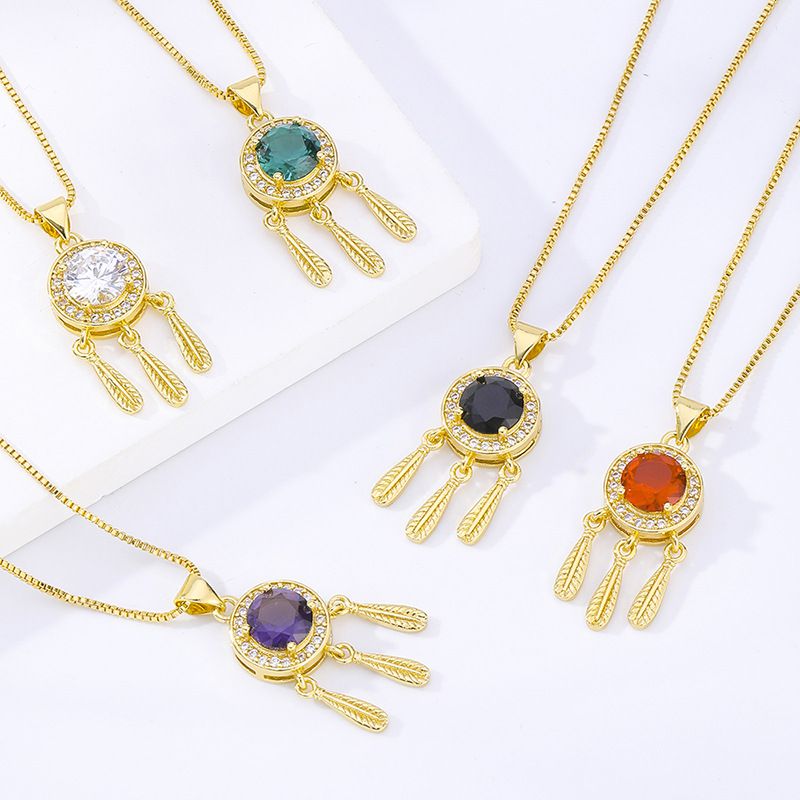 Fashion Dreamcatcher Brass Gold Plated Artificial Crystal Zircon Pendant Necklace