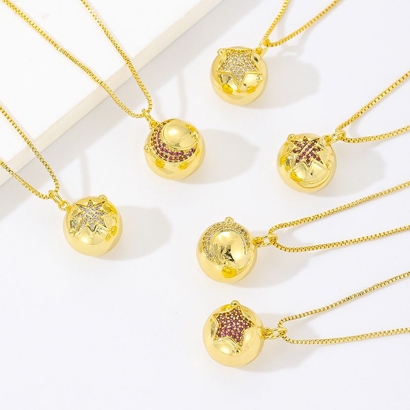 Elegant Star Moon Brass Gold Plated Zircon Pendant Necklace