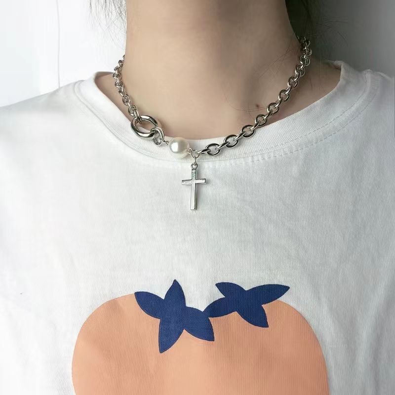 Einfacher Stil Kreuzen Rostfreier Stahl Patchwork Künstliche Perlen Halsband 1 Stück