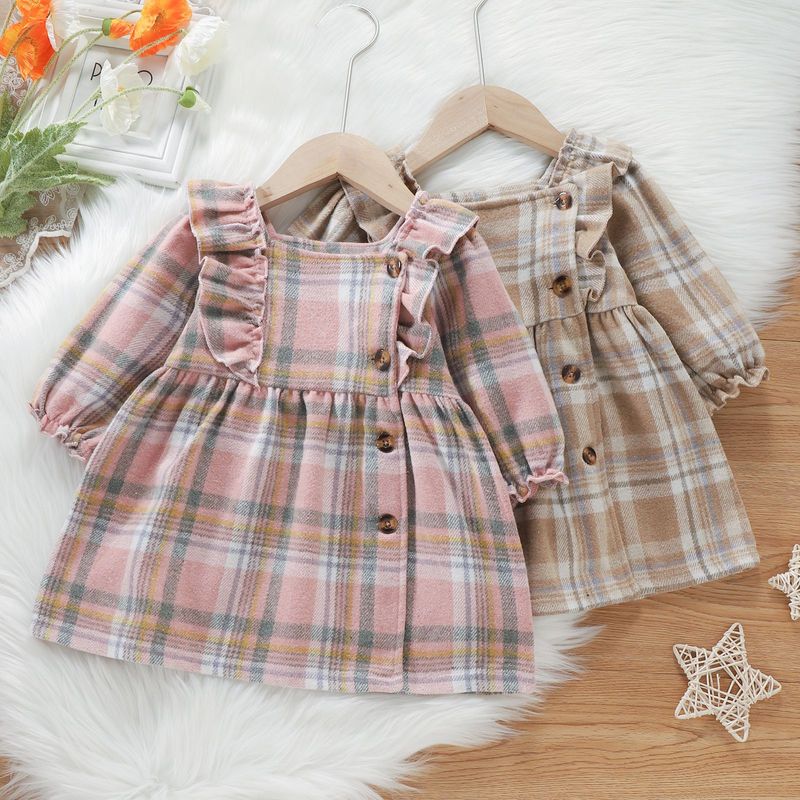 Princess Plaid Button 100% Cotton Girls Dresses