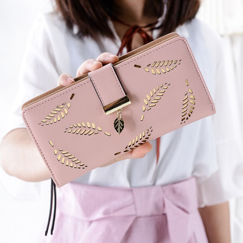 Women's Leaves Solid Color Pu Leather Hollow Zipper Buckle Wallets