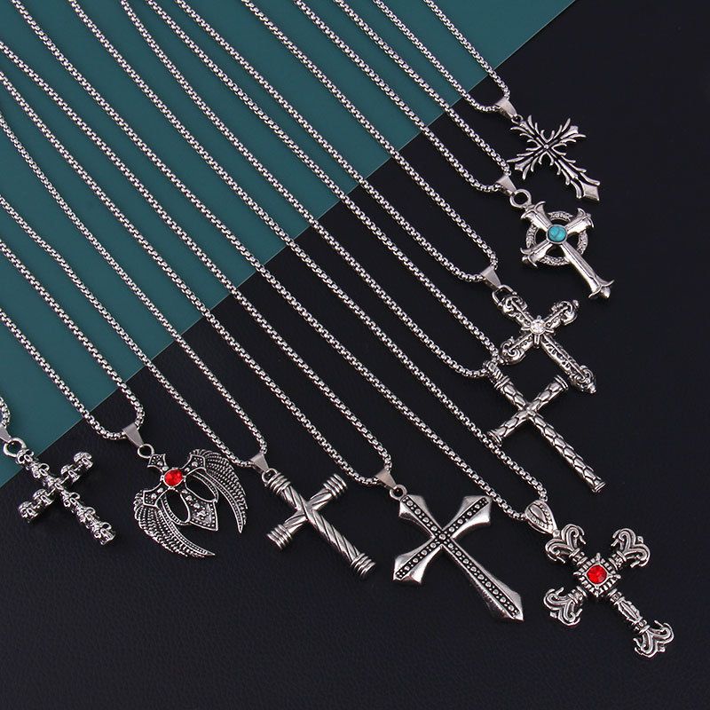 Wholesale Jewelry Fashion Cross 201 Stainless Steel Zinc Alloy Rhinestones Inlay Pendant Necklace