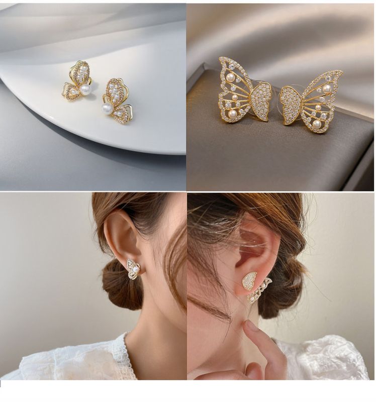 Fashion Sweet Butterfly Alloy Inlay Artificial Gemstones Artificial Pearls Women's Earrings