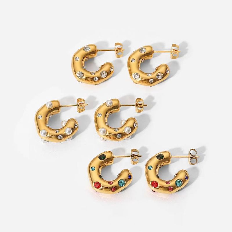 1 Pair Fashion C Shape Plating Inlay Stainless Steel Zircon Ear Studs