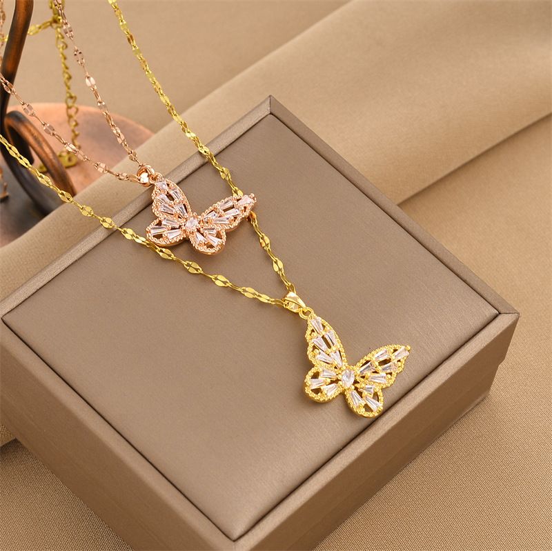 Fashion Butterfly Titanium Steel Plating Inlay Zircon Pendant Necklace 1 Piece