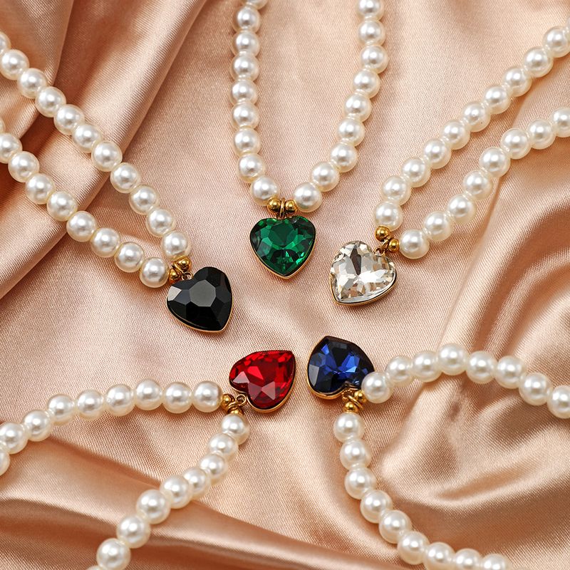 Vintage Style Heart Shape Stainless Steel Arylic Artificial Pearl Beaded Women's Pendant Necklace 1 Piece