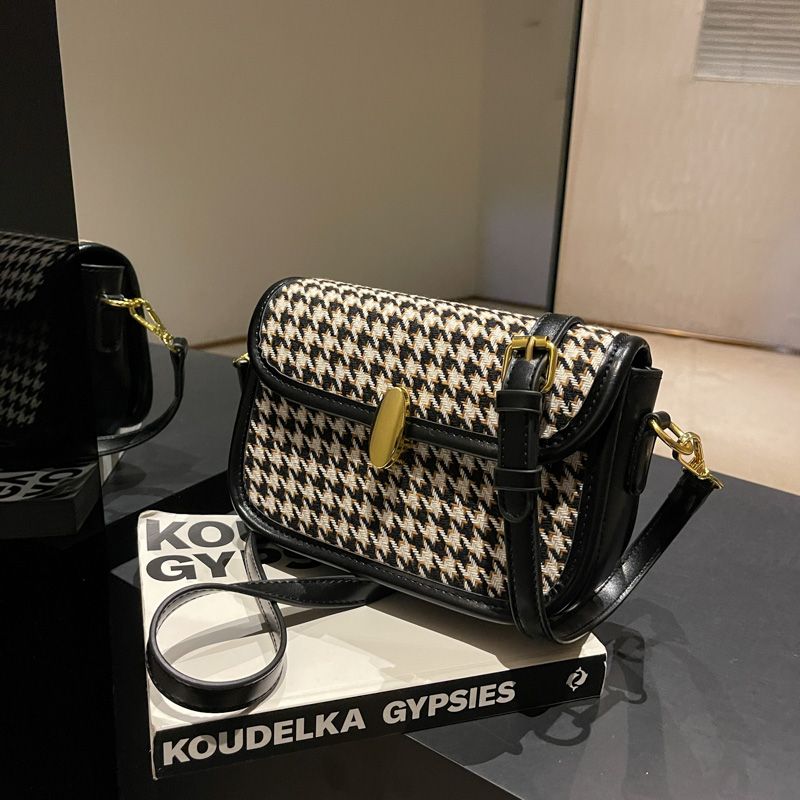 Women's Checked Cloth Houndstooth Fashion Square Lock Clasp Square Bag