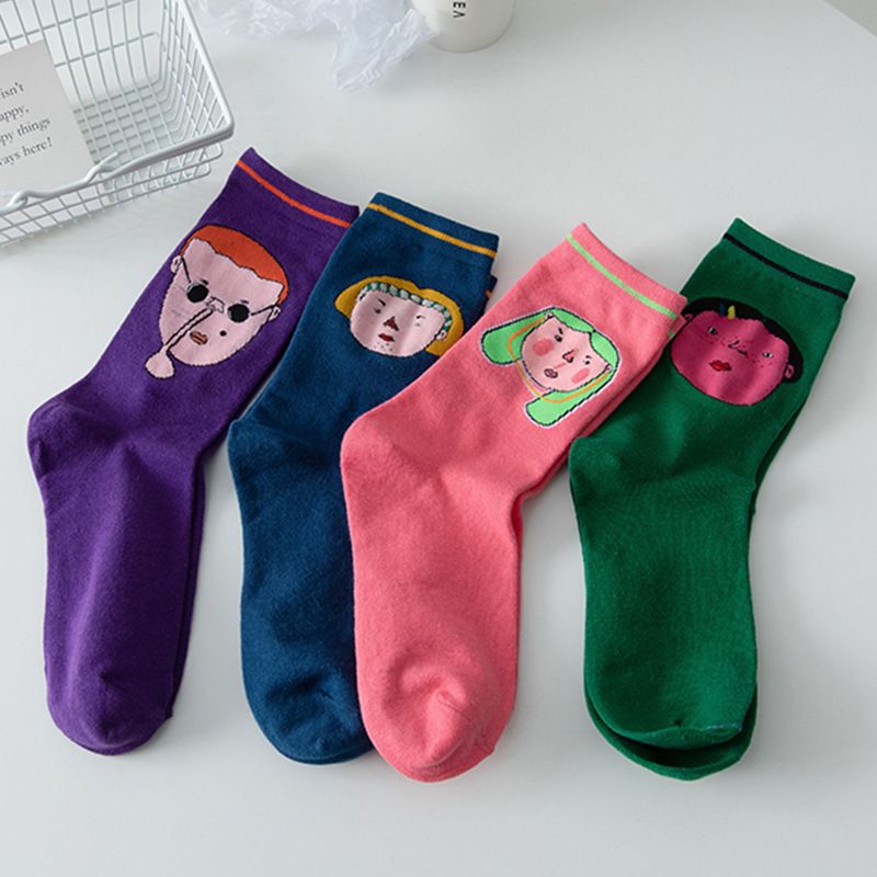 Women's Fashion Human Face Cotton Sewing Crew Socks 1 Set