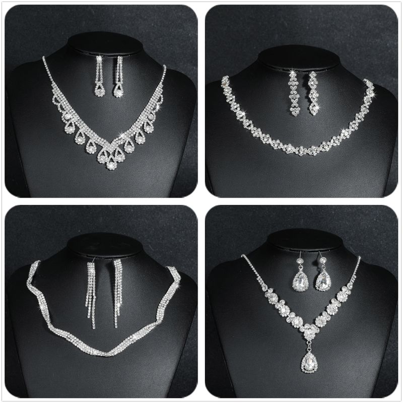 Fashion Water Droplets Tassel Artificial Crystal Metal Inlay Rhinestones Earrings Necklace 1 Set