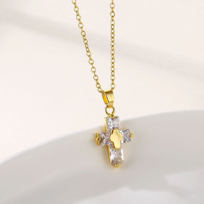 Retro Cross Stainless Steel Inlaid Zircon Pendant Necklace 1 Piece